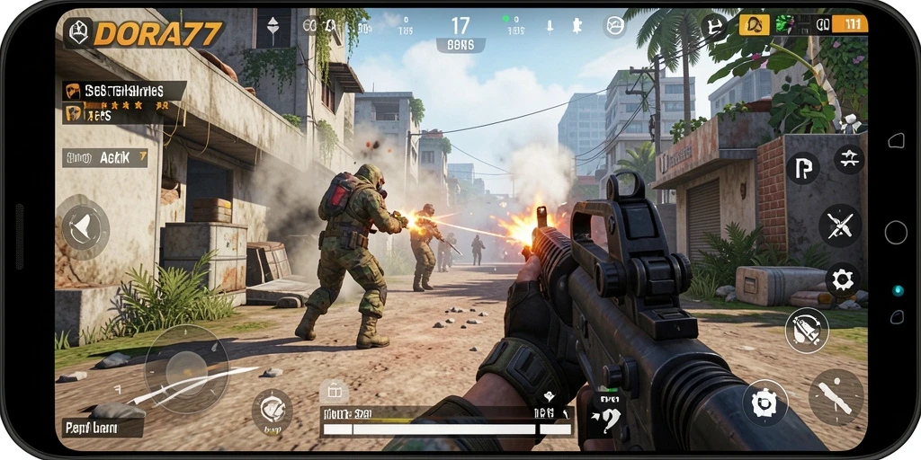 Screenshot utama DORA77 menunjukkan aksi menembak yang mendebarkan dalam gameplay TPS.