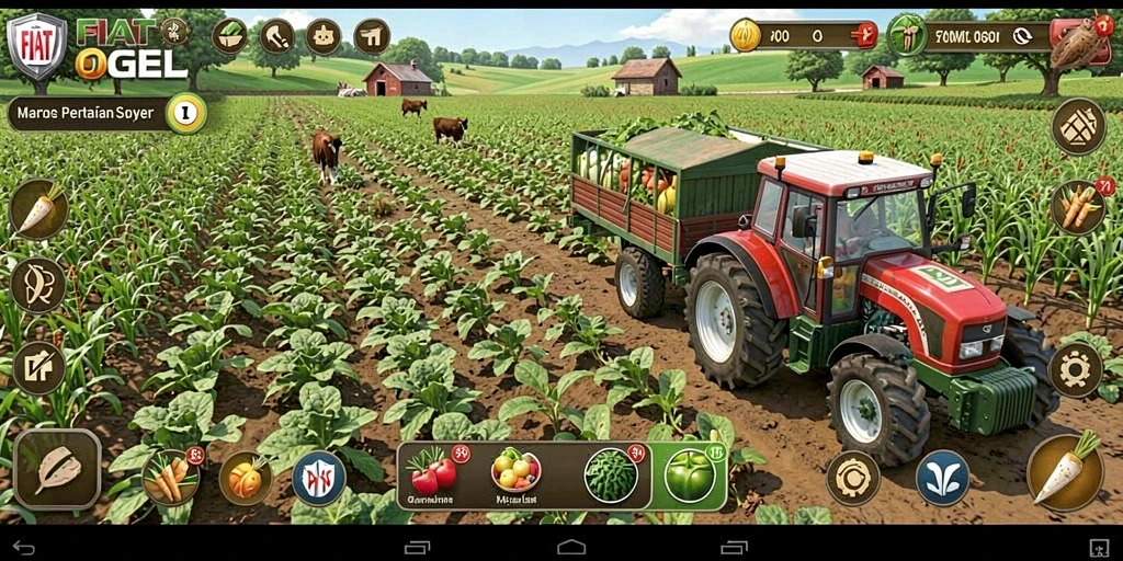 Tampilan gameplay FIATOGEL menunjukkan ladang hijau dan tanaman yang subur.