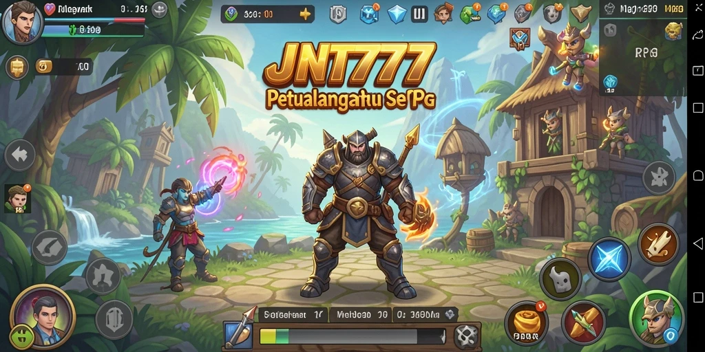Screenshot utama JNT777 menampilkan pertarungan epik di dunia RPG yang penuh warna.