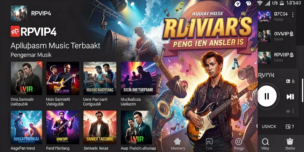Screenshot utama RPVIP4 menampilkan antarmuka pengguna yang menarik untuk mendengarkan musik.