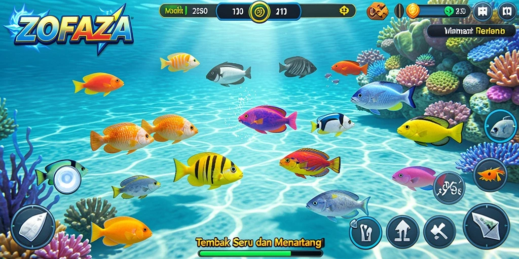 Tampilan gameplay seru ZOFAZA dengan aksi tembak ikan.
