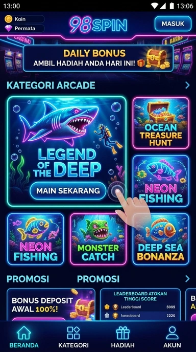 Tampilan utama aplikasi 98spin yang menarik dan mudah digunakan.